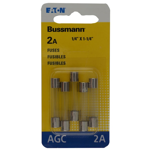 Eaton Bussmann Glass Fuse, AGC Series, Fast-Acting, 2A, 250V AC, 100A at 250V AC, 10kA at 125V AC, 5 PK BP/AGC-2-RP - main